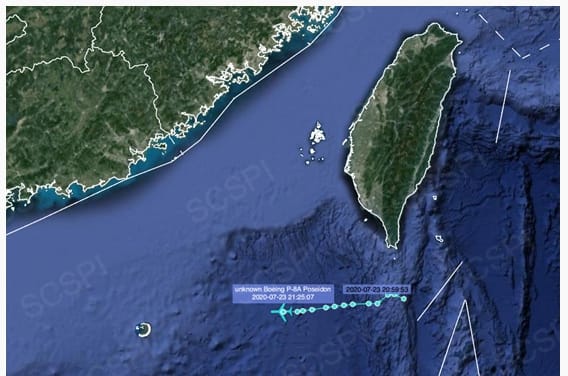 「南海戰略態勢感知計畫」平台持續公布美軍機進日的航行路線，指出昨（23）日美國再度派出五架為四個不同機型的軍機進入南海及台灣海域進行巡視。 圖 : 翻攝自南海態勢戰略感知計畫