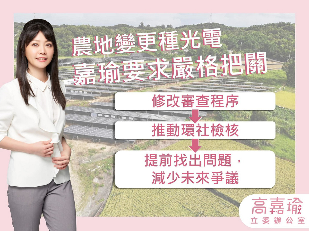 農地變更種光電，高嘉瑜要求嚴格把關。 圖：擷取至高嘉瑜臉書