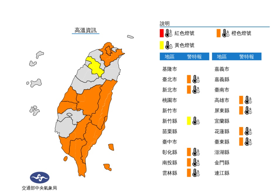 氣象局在上午6:24針對十縣市發布高溫資訊。 圖/氣象局