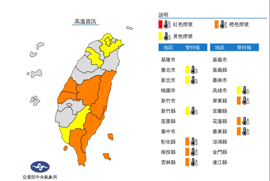 中央氣象局上午針對10縣市發布高溫資訊。