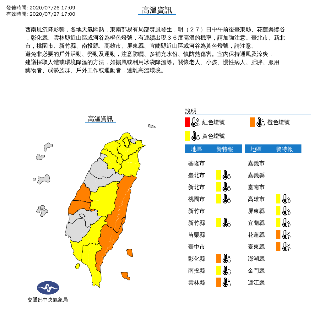 今日全台高溫分布圖，12縣市都發出高溫警報。 圖：中央氣象局/提供