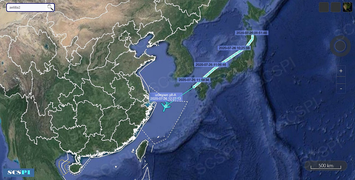 中國智庫「南海戰略態勢感知計畫」在推特公布美軍機航行軌跡，顯示26日下午1架P-8A反潛巡邏機距中國領海基線不到80公里。 圖：翻攝自SCS Probing Initiative推特