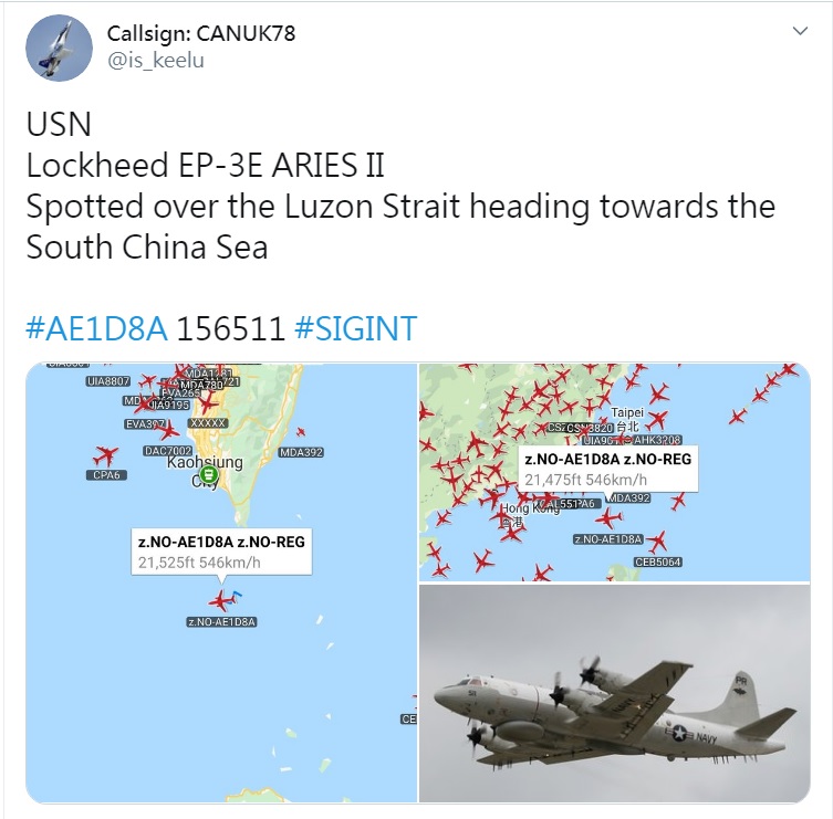 分享全球各國軍機動態的「Callsign: CANUK78」26日也在推特，發布美軍EP-3E電偵機由呂宋海域朝南海飛行的訊息。 圖：翻攝自Callsign: CANUK78推特
