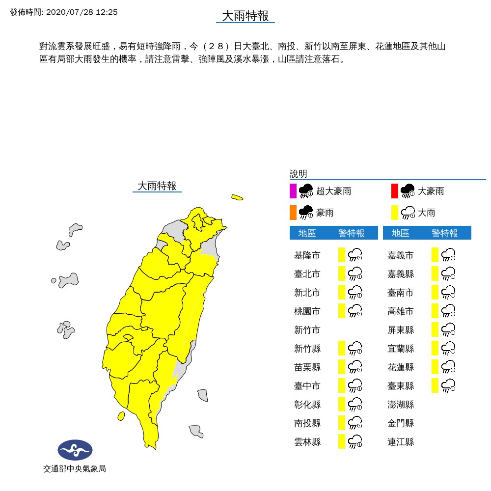 中央氣象局今日中午12點25分，針對18縣市發布了大雨特報。 圖：擷取自中央氣象局
