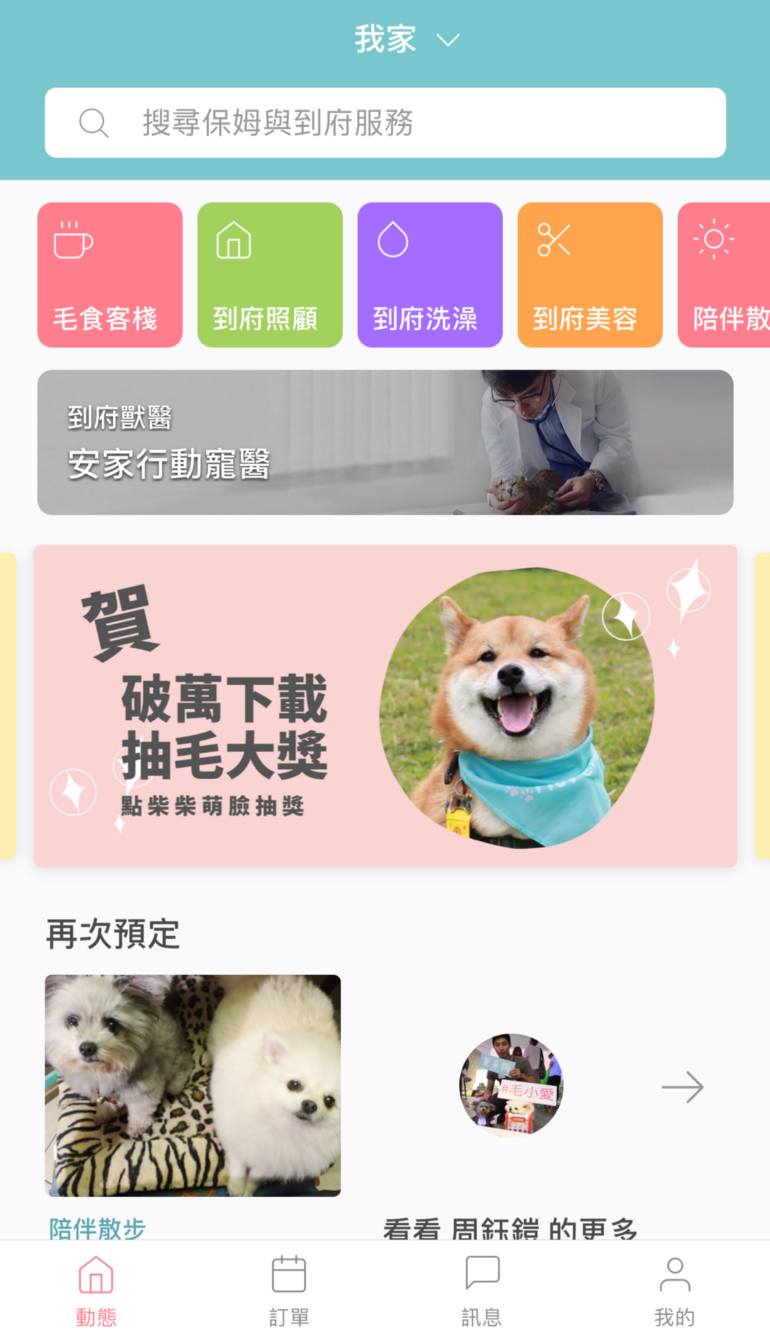 毛小愛整體介面設計的非常簡潔、明瞭，進入App首頁最開始映入眼簾的是服務類別，包含寵物客棧（到家住一晚）、居家照顧、寵物洗澡、寵物美容等等。 圖：創夢市集／提供