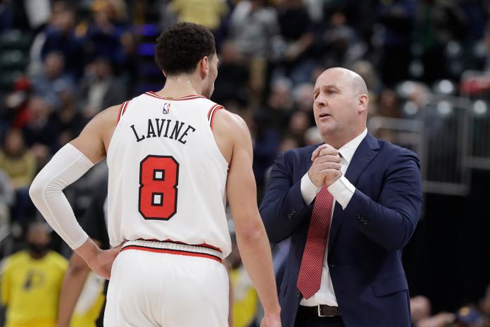 公牛教頭Jim Boylen(右)、Zach LaVine。 圖／美聯社／達志影像