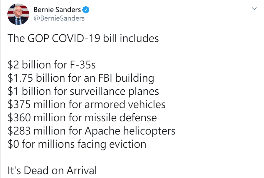 美國參議員伯尼·桑德斯(Bernie Sanders)，指美國新的救濟計畫沒有幫助到失業人士。 圖:翻攝自伯尼·桑德斯(Bernie Sanders) 推特。