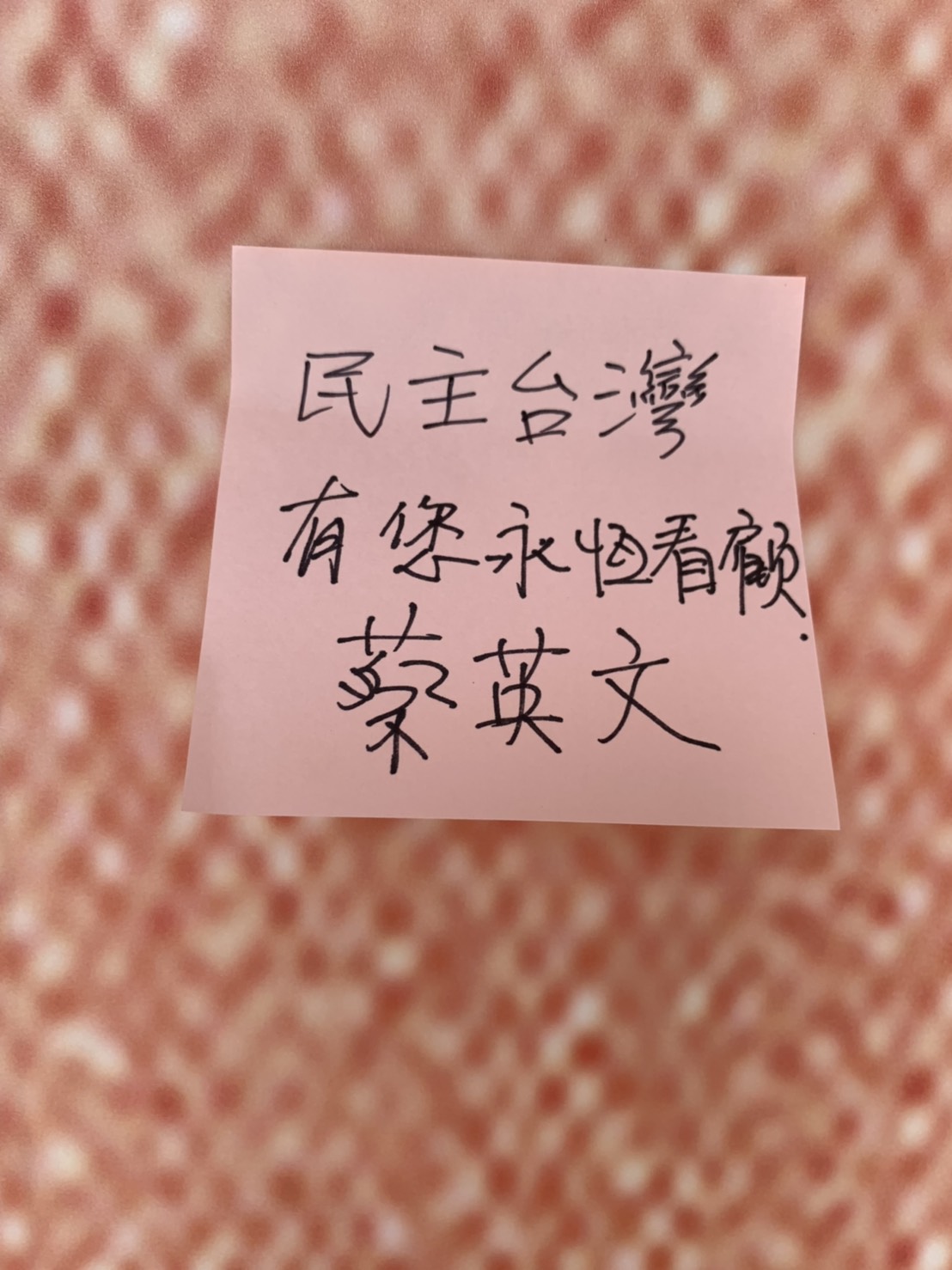 蔡英文總統前往致意時，在留言板上「民主台灣，有您永恆看顧」紙條。 圖：總統府提供