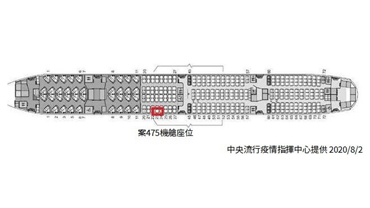 指揮中心公佈案475菲律賓來台探親女子的機上座位。 圖：中央流行疫情指揮中心/提供