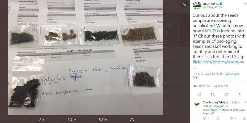 美國農業部已經從來自中國的奇怪包裹中鑑別出14種不同的種子，其中部分種子疑似「被處理過」。 圖：翻攝USAD APHIS推特