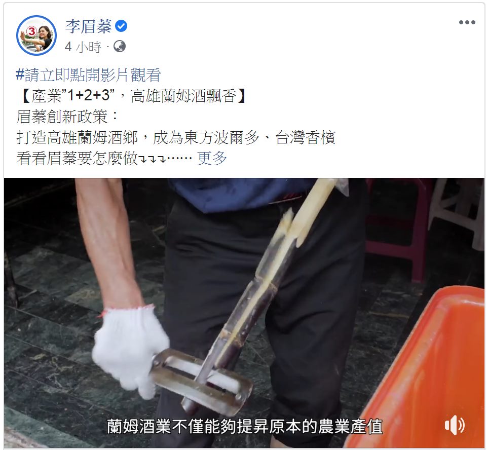 高雄市長補選在即，候選人李眉蓁今天推出「打造高雄蘭姆酒鄉」宣傳片。 圖：翻攝自劉宇 臉書