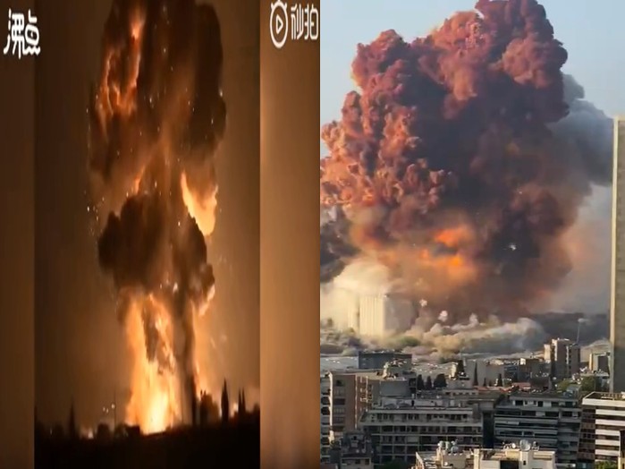 中國當局針對黎巴嫩大爆炸意外（右）開會檢討。中國上月在四川才發生爆竹工廠炸出「蕈狀雲」的爆炸意外（左）。 圖：新頭殼合成