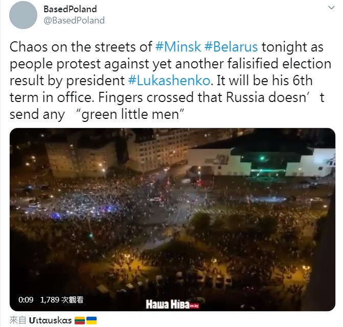 據「Based Poland」推特上傳的10秒鐘影片，明斯克街道開始人潮聚集，民眾抗議盧卡申科又一次的虛假選舉。 圖：翻攝自Based Poland推特