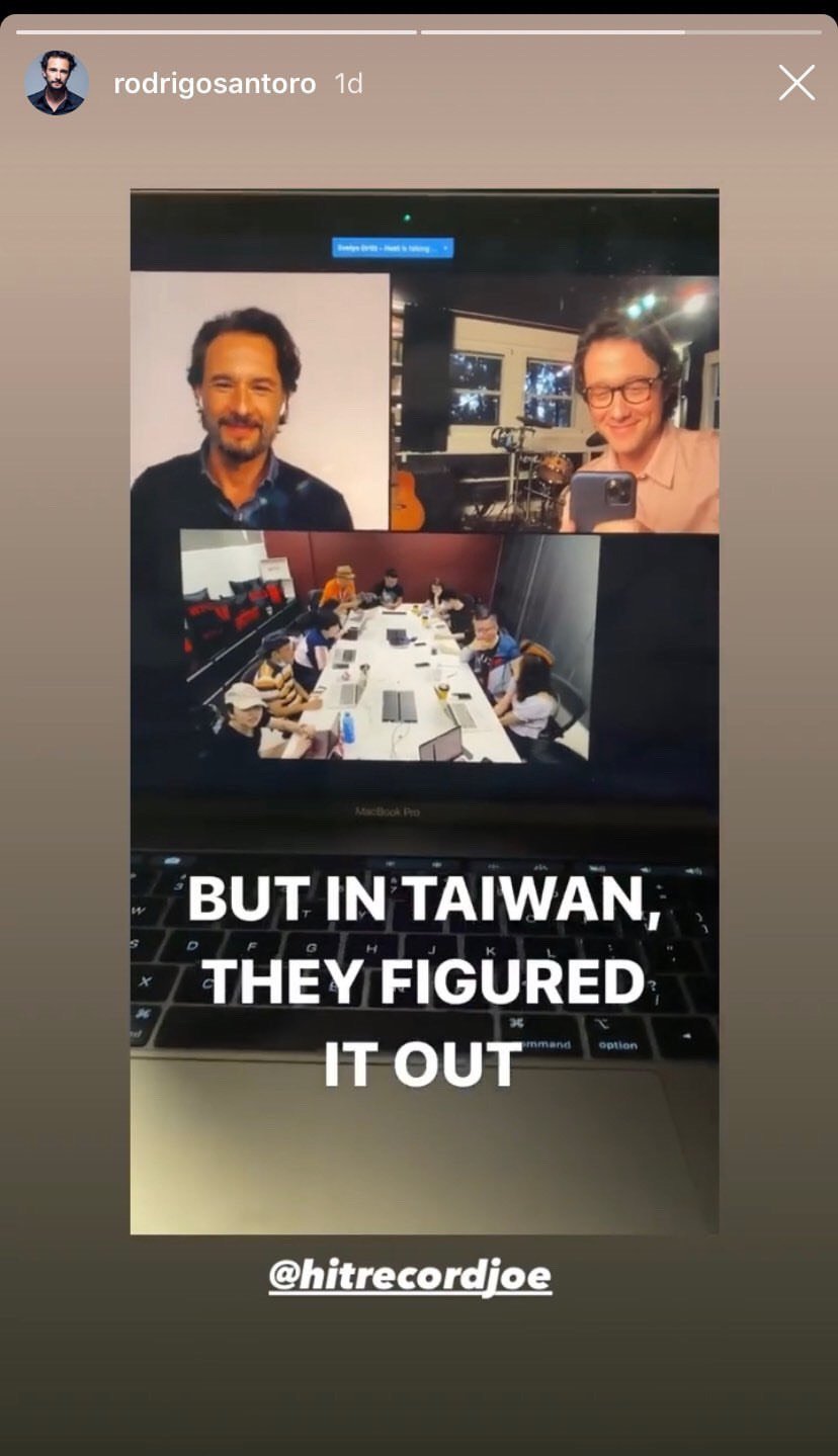 羅德林哥桑特羅與喬瑟夫高登李維接受台灣媒體聯訪時印象深刻，還特別截圖擺上自己IG做紀念。 圖：翻攝自羅德林哥桑特羅IG