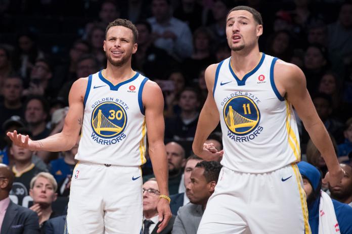 勇士「浪花兄弟」Stephen Curry（左）、Klay Thompson。 圖／美聯社／達志影像