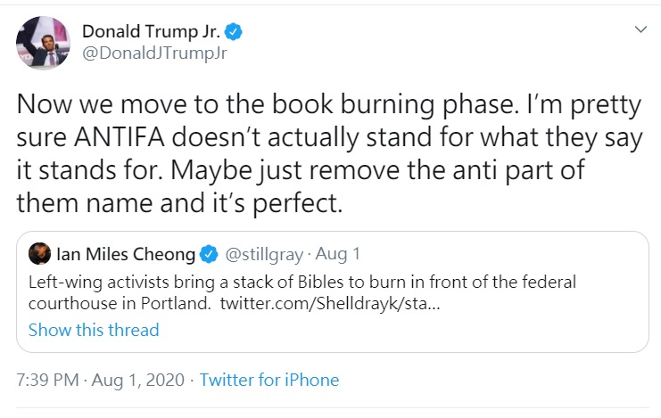 儘管沒有證據，川普的兒子小唐諾也以為焚書的就是ANTIFA 圖：小唐諾的推特