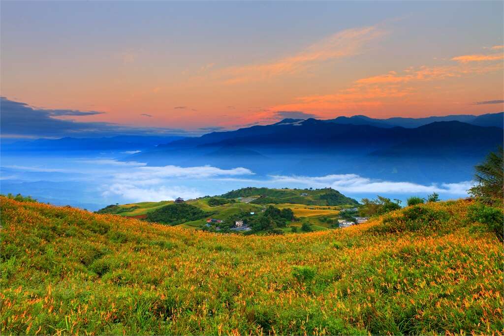 雲彩中的赤科山金針花海。 圖：翻攝自花東縱谷國家風景區