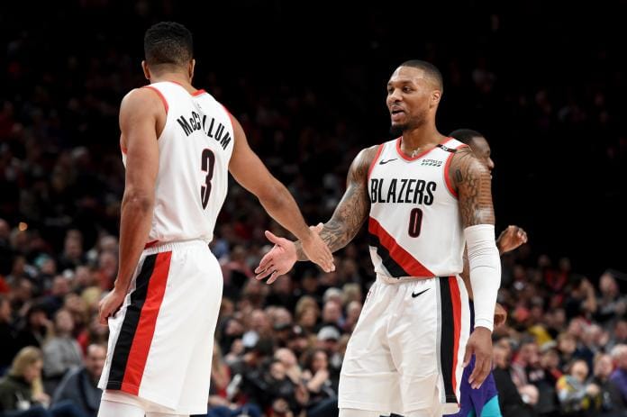 拓荒者雙槍Damian Lillard和CJ McCollum。 圖／美聯社／達志影像