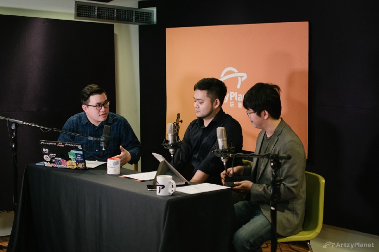 ArtzyPlanet玩藝星球創辦人Rick(左)，在podcast節目上訪問貝殼放大執行長林大涵(中)、及沃草執行長林祖儀(右)。 圖：創夢市集/提供
