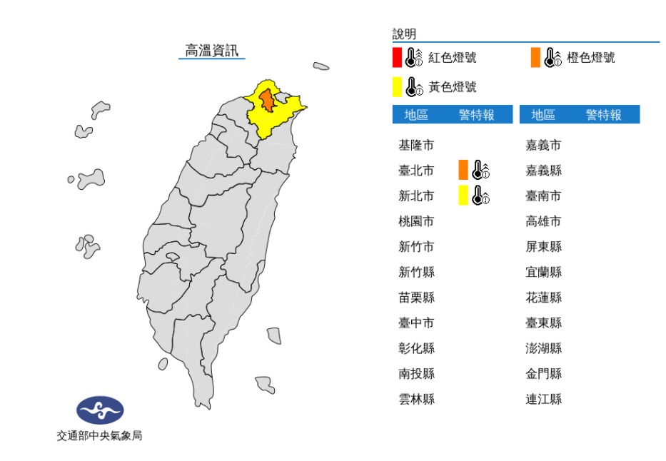 今天中午前後台北市、新北市高溫仍有36度以上，民眾應注意防曬並多補充水份。 圖/氣象局