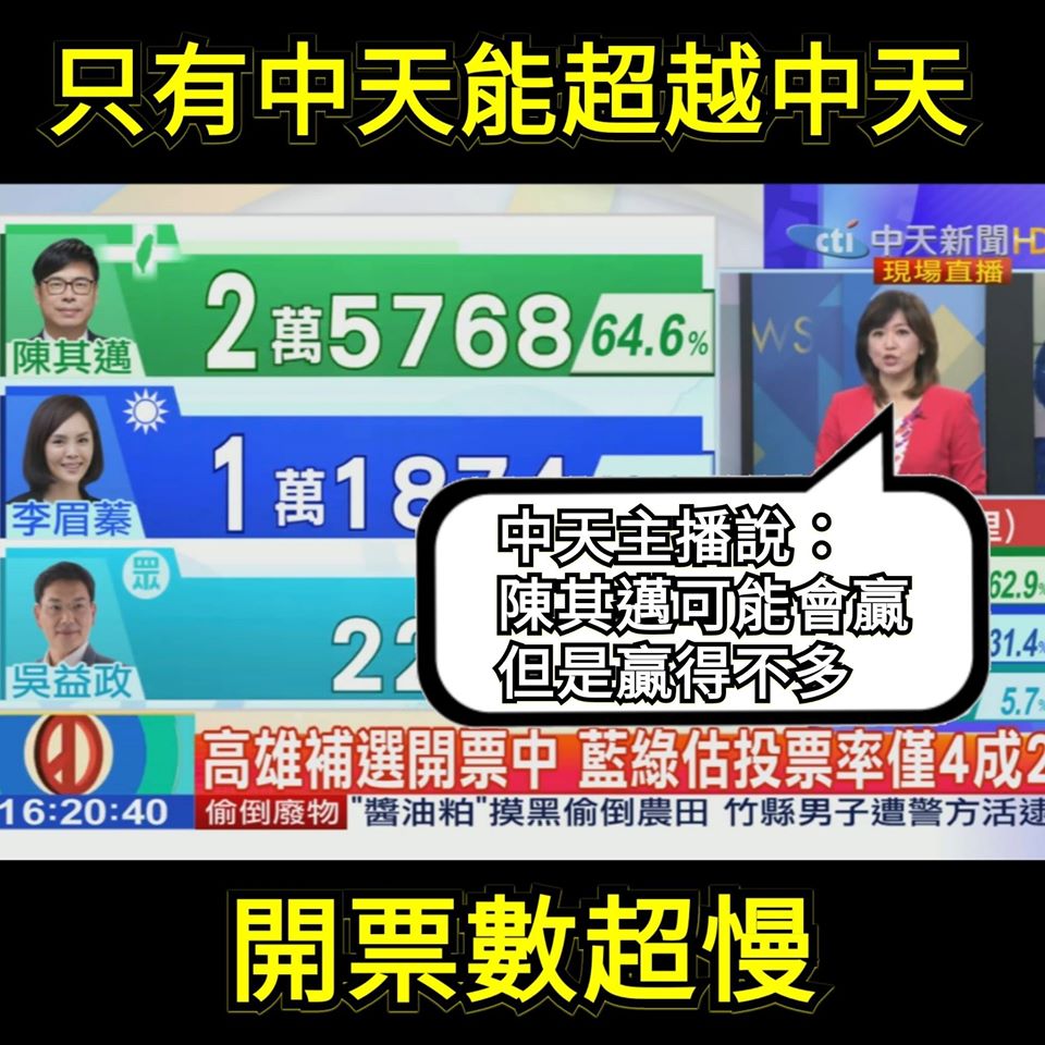 下午4時20分左右，陳其邁在中天電視台的票數約為在其他電視台的四分之一。 圖：翻攝自只是堵藍
