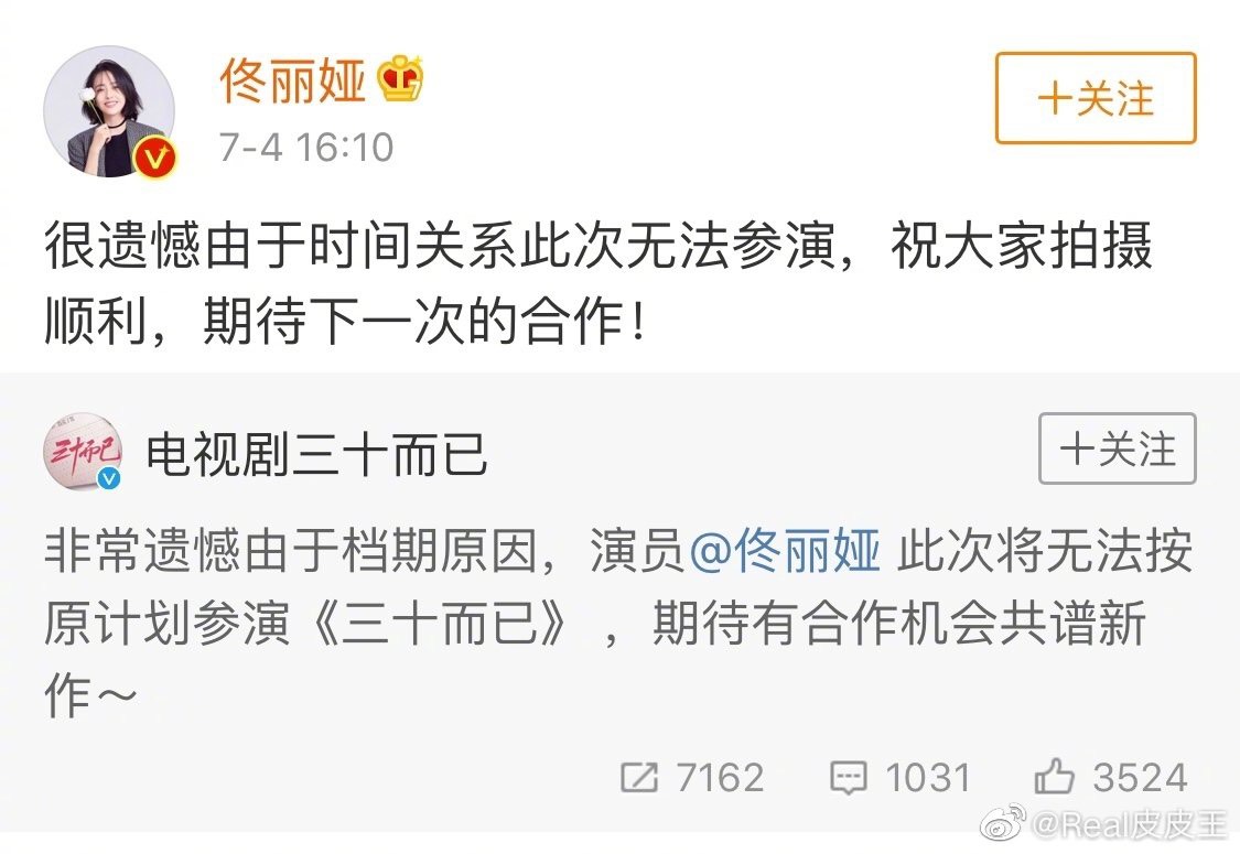 佟麗婭宣布辭演後才平息粉絲的抗議。 圖：翻攝自＠Real皮皮王微博