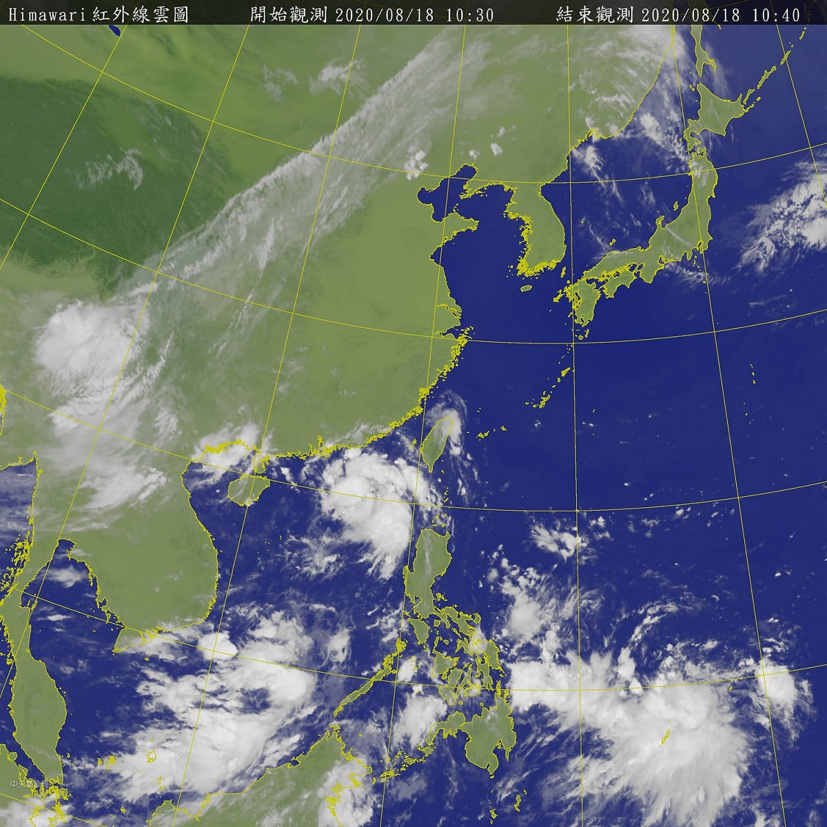 從衛星雲圖上可見，台灣鵝鑾鼻西南方約480公里處的低氣壓，已經形成有結構的輕度颱風。 圖：中央氣象局/提供