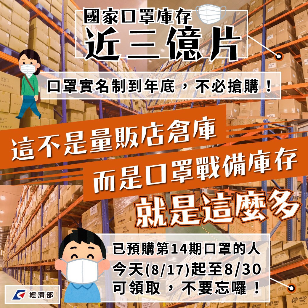經濟部公布國內3億片口罩庫存量照片，預計實名制實施到年底， 圖：翻攝自經濟部臉書