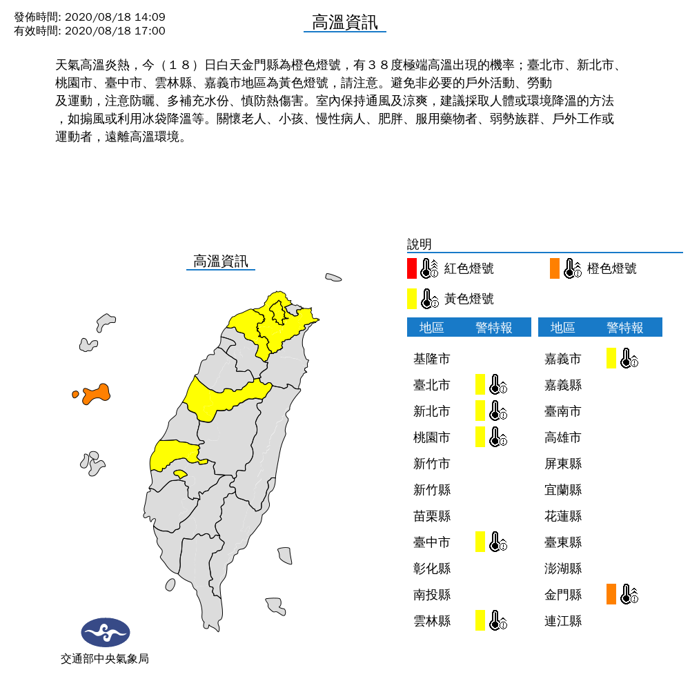 全台高溫分布圖。 圖：中央氣象局/提供