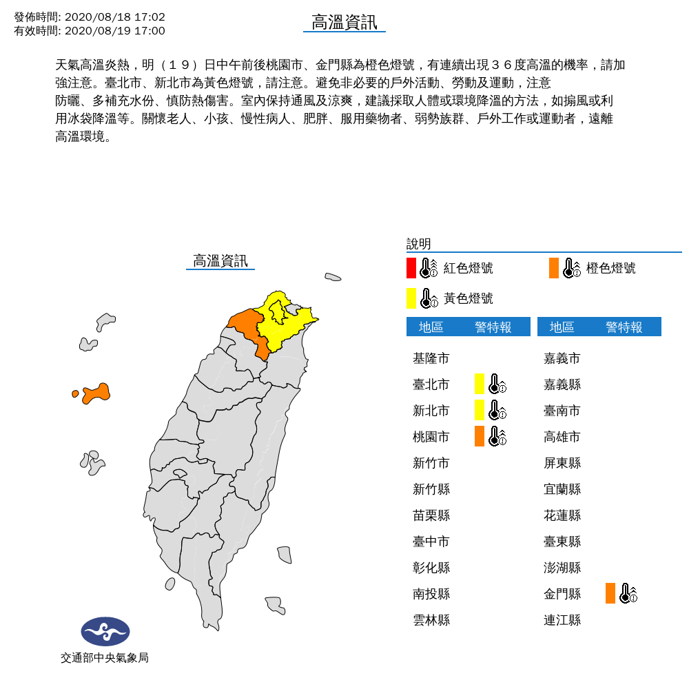 今日全台高溫分布。 圖：中央氣象局/提供