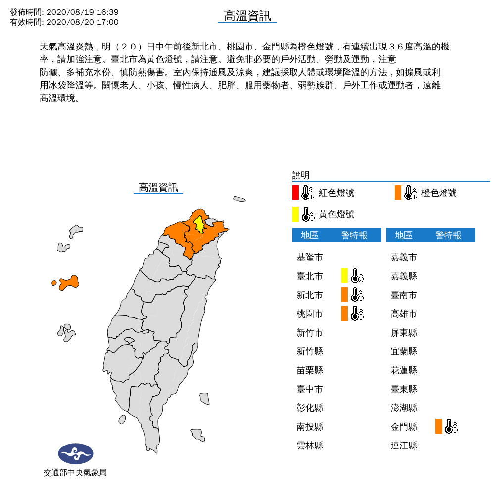 今日全台高溫分布。 圖：中央氣象局/提供