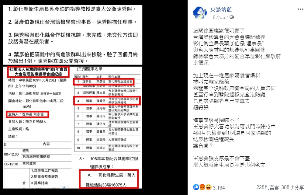 臉書「只是堵藍」社團po出葉彥伯與陳秀熙在台灣篩檢學會裡的關係表，直指「篩檢學會大部分的配合單位彰化縣政府水很深」。 圖：翻攝自只是堵藍臉書