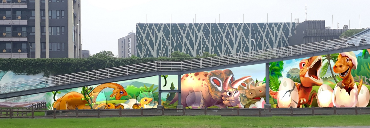 新北市高灘處在河濱6處新規劃大型彩繪，圖為中和舌閥。 圖：新北市政府高灘地工程管理處／提供