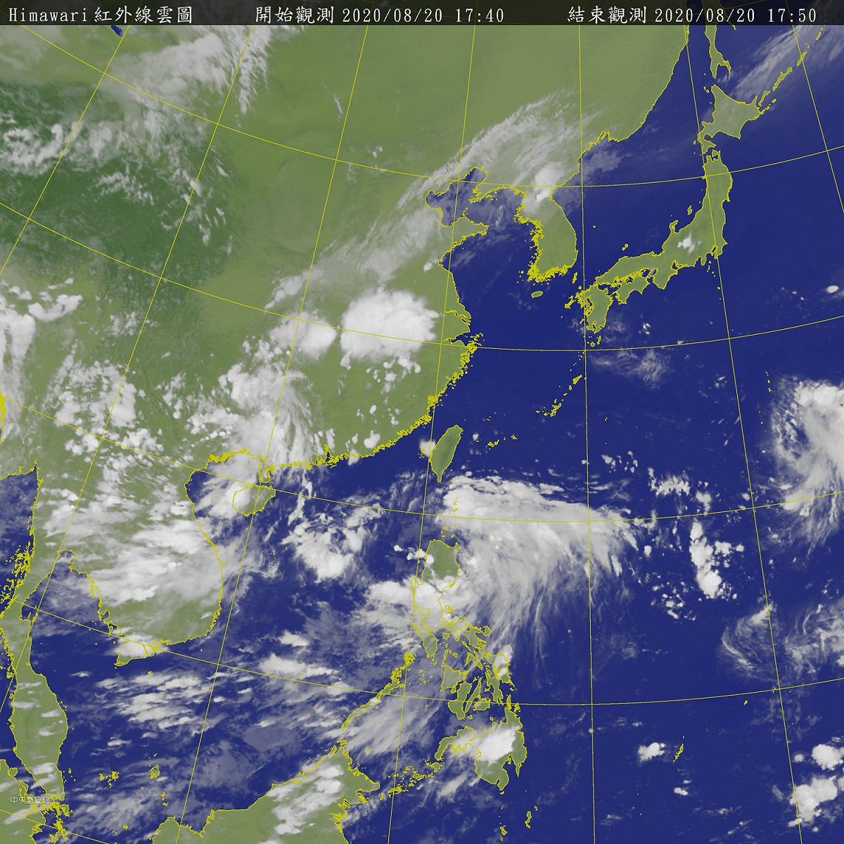 從衛星雲圖上顯示，台灣東南方海面上有一團雲系，那就是位在菲律賓東邊的熱帶擾動90W。 圖：中央氣象局/提供