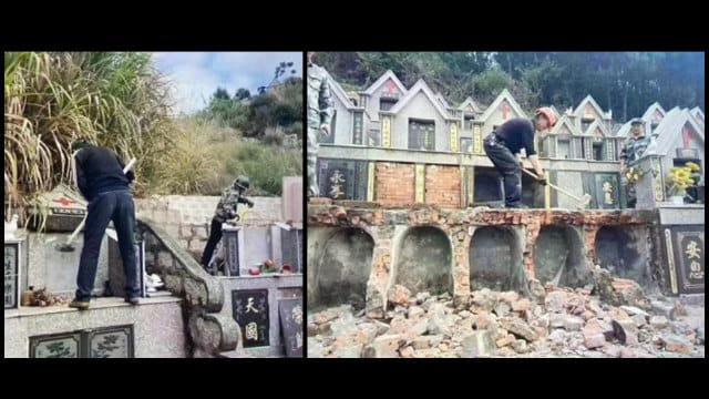 中國政府而為阻止墓地佔地，不顧民眾意願，直接僱人開棺，將屍體就地火化。 圖：翻攝微信