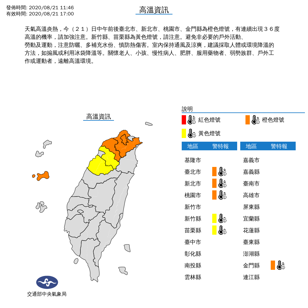 全台高溫分布。 圖：中央氣象局/提供