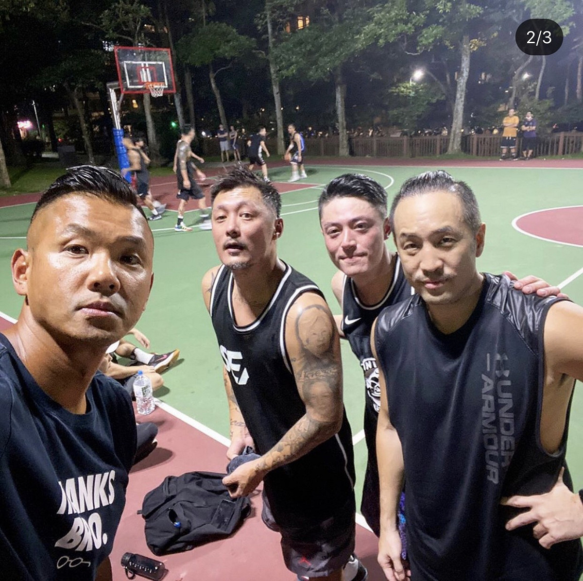 (左起)黑人陳建州、余文樂、霍建華、Jason唐志中，昨晚一起現身台北籃球場打球。 圖：翻攝Instagram