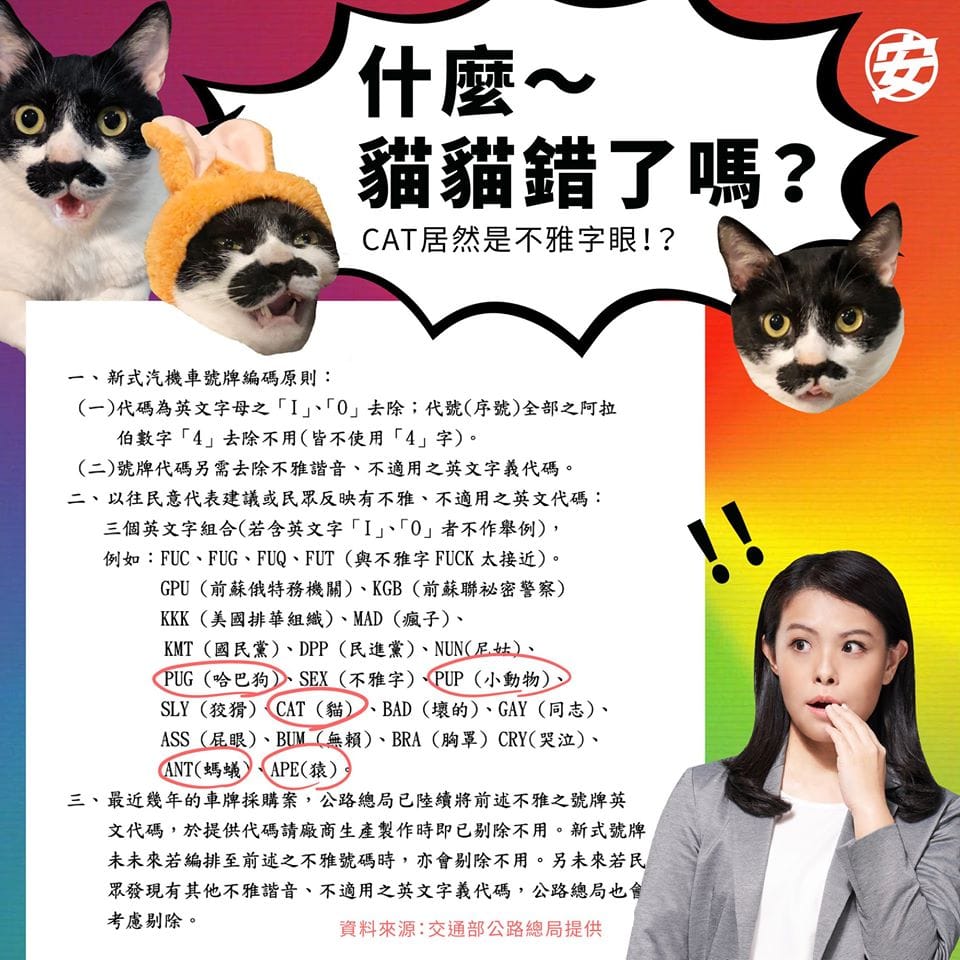 高虹安質疑，新式汽機車牌編碼原則，不雅字眼到底是誰來定義及如何定義。 圖/高虹安臉書粉專