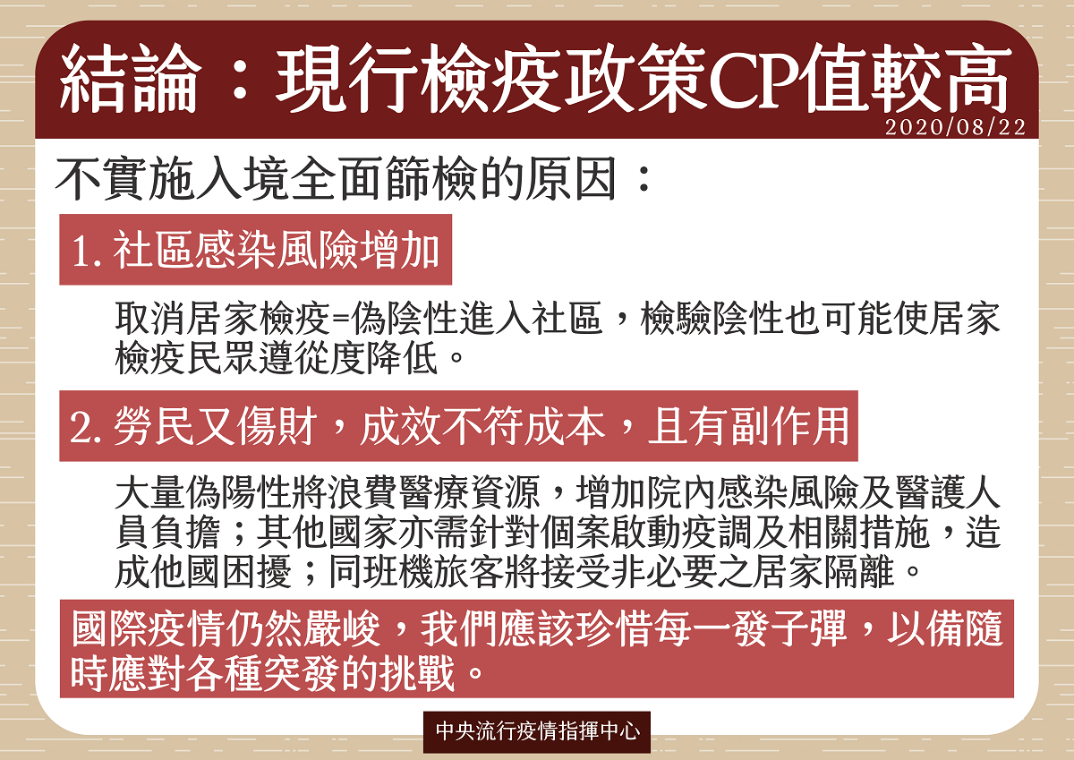 為何不實行全面入境普篩的原因。 圖：中央流行疫情指揮中心／提供