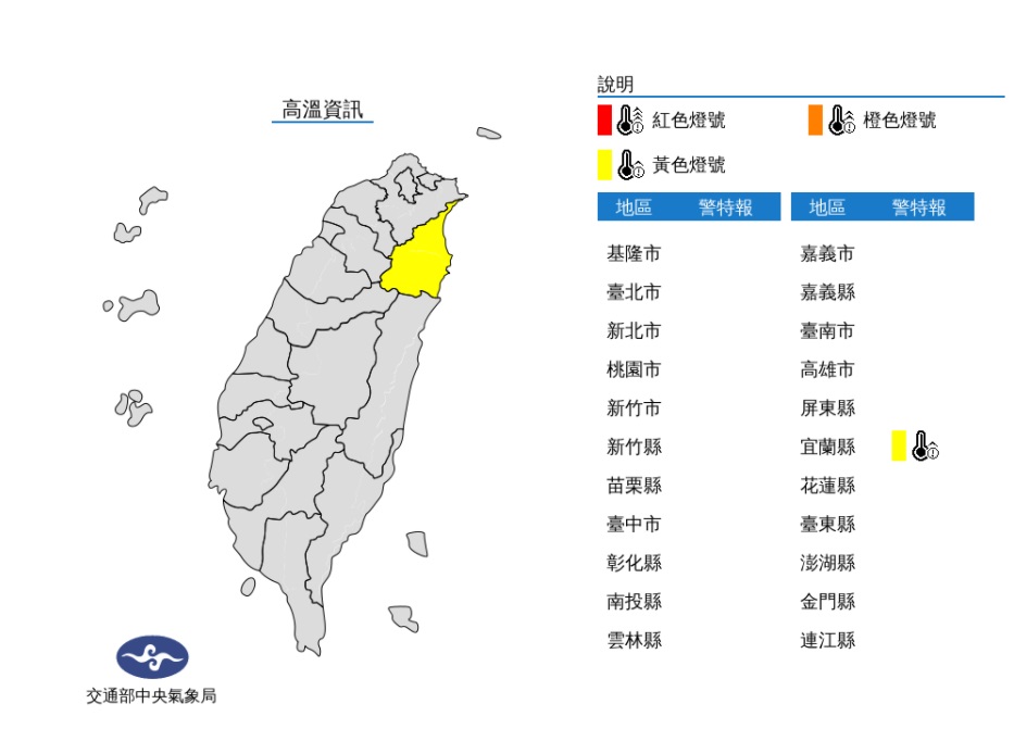 氣象局針對宜蘭縣發市高溫資訊。 圖/氣象局