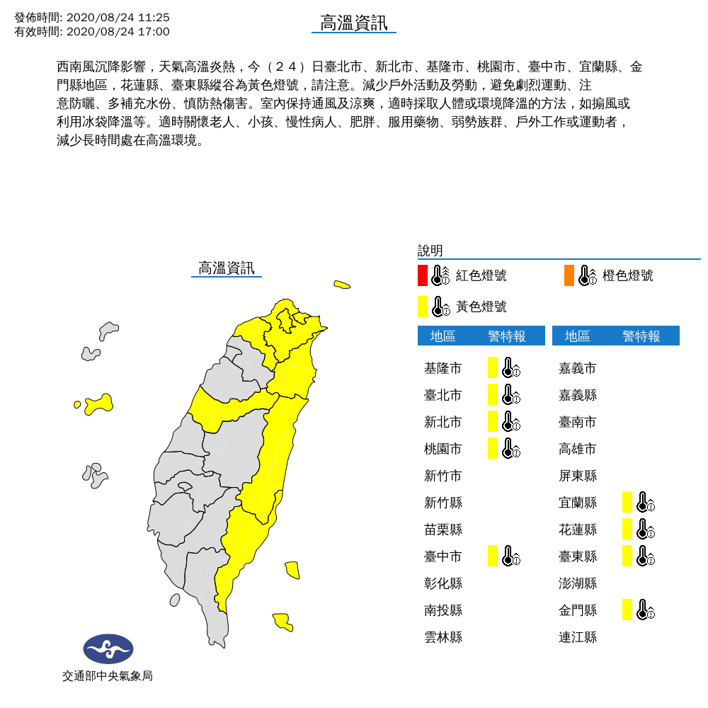 今（24）日台北市、新北市、基隆市、桃園市、台中市、宜蘭縣、金門縣地區，花蓮縣、台東縣縱谷為黃色燈號。