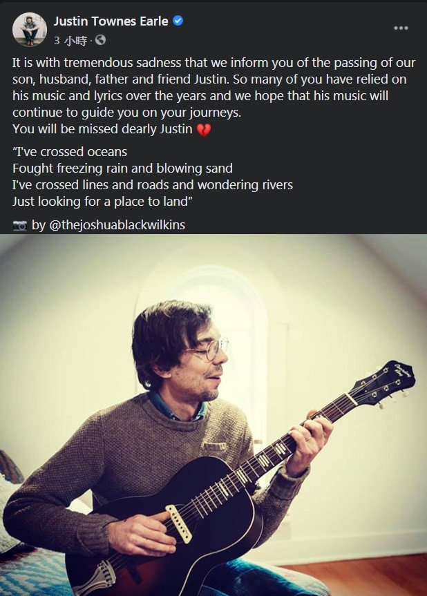 美國歌手賈斯汀過世。 圖：翻攝自臉書Justin Townes Earle