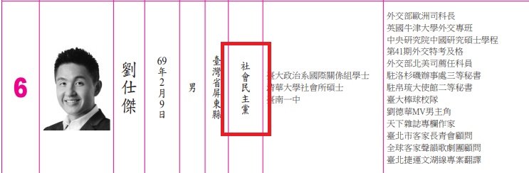 劉仕傑於選舉公報上載明政黨為社會民主黨。 圖:翻攝自中選會