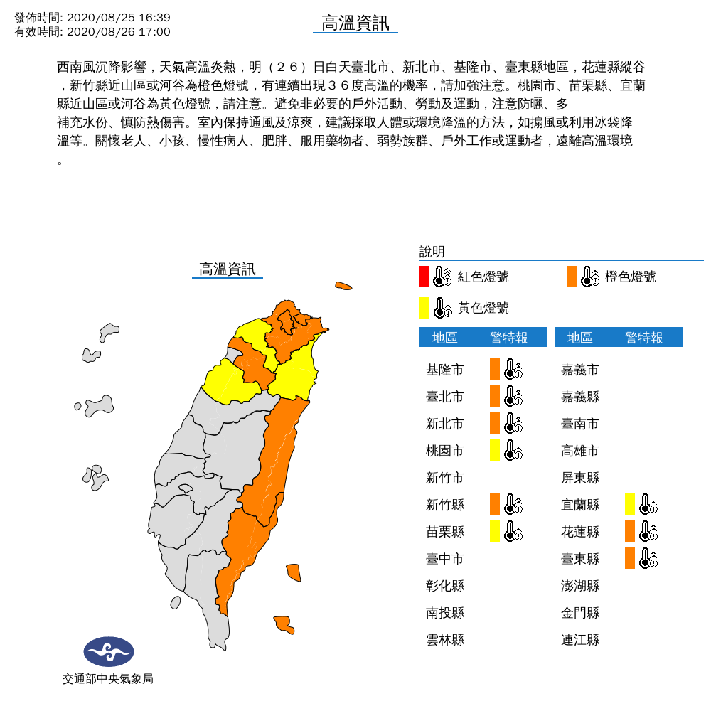今日全台高溫分布。 圖：中央氣象局/提供