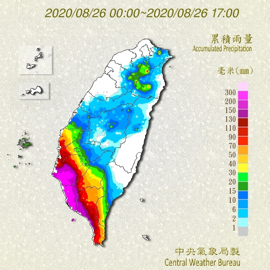 全台今日降雨量分布圖。 圖：中央氣象局/提供