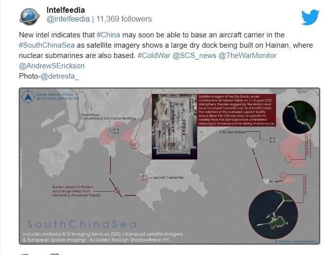 最新衛星照片的情報顯示，中國在海南建造大型乾船塢，可能很快就能在南海建造航空母艦基地。 圖：翻攝自intelfeedia推特
