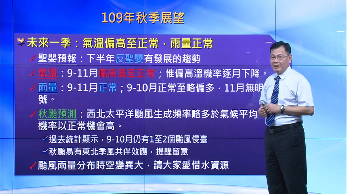 氣象局預報中心主任呂國臣指出，今年下半年天氣方面走反聖嬰現象，秋颱恐變多，要留意秋颱加上東北季風所帶來的共伴效應。 圖：翻攝中央氣象局直播影片