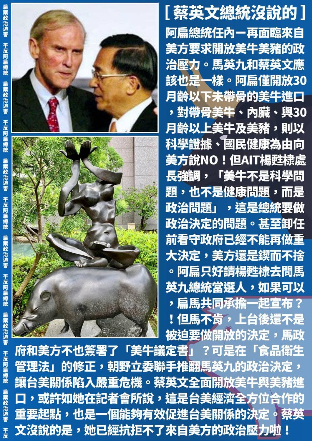 前總統陳水扁認為，蔡英文沒說的是，她已經抗拒不了美方的政治壓力了啦。 圖：取自臉書
