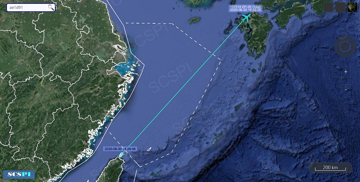 南海戰略態勢感知計畫平台昨日發文表示，30日1架美國海軍EP-3E電子偵察機疑似直接從台灣起飛。 圖：取自推特@SCS_PI