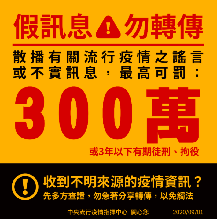 散播武漢肺炎疫情不實訊息最高可罰300萬元。 圖：中央流行疫情指揮中心/提供